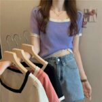 Summer New Style Oversized Square Neck Stretchy Knit Short Sleeve Tops - 5300 Pcs, 3 Colors (Beige, Black) - Clothing Stock Lots for Wholesale Export - Image 3
