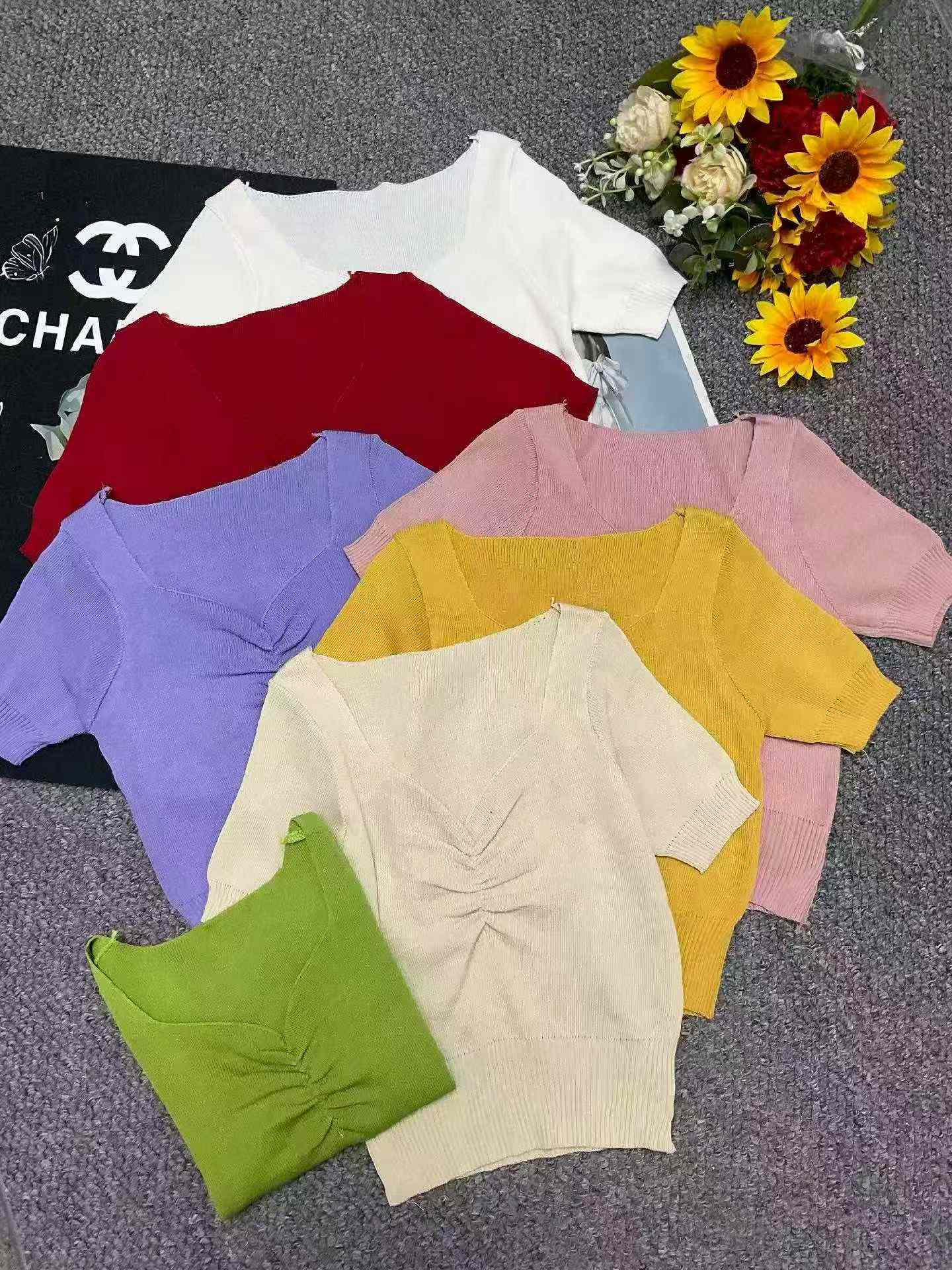 Wholesale Stock Lot: 3330 Pcs Summer V-Neck Ice Silk Knitted Tops, Vintage Design, Soft Stretch Fabric (Bulk Clearance) - Image 1