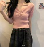 Wholesale Stock Lot: 3330 Pcs Summer V-Neck Ice Silk Knitted Tops, Vintage Design, Soft Stretch Fabric (Bulk Clearance) - Image 6