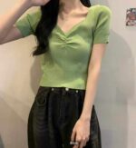 Wholesale Stock Lot: 3330 Pcs Summer V-Neck Ice Silk Knitted Tops, Vintage Design, Soft Stretch Fabric (Bulk Clearance) - Image 3