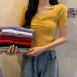 Wholesale Stock Lot: 3330 Pcs Summer V-Neck Ice Silk Knitted Tops, Vintage Design, Soft Stretch Fabric (Bulk Clearance) - Image 2