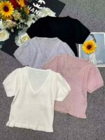 Wholesale Lot of 745 Summer Viscose V-Neck Ruffle Trim Knit Tops, Soft & Stretchy, Individually Packaged - Image 1