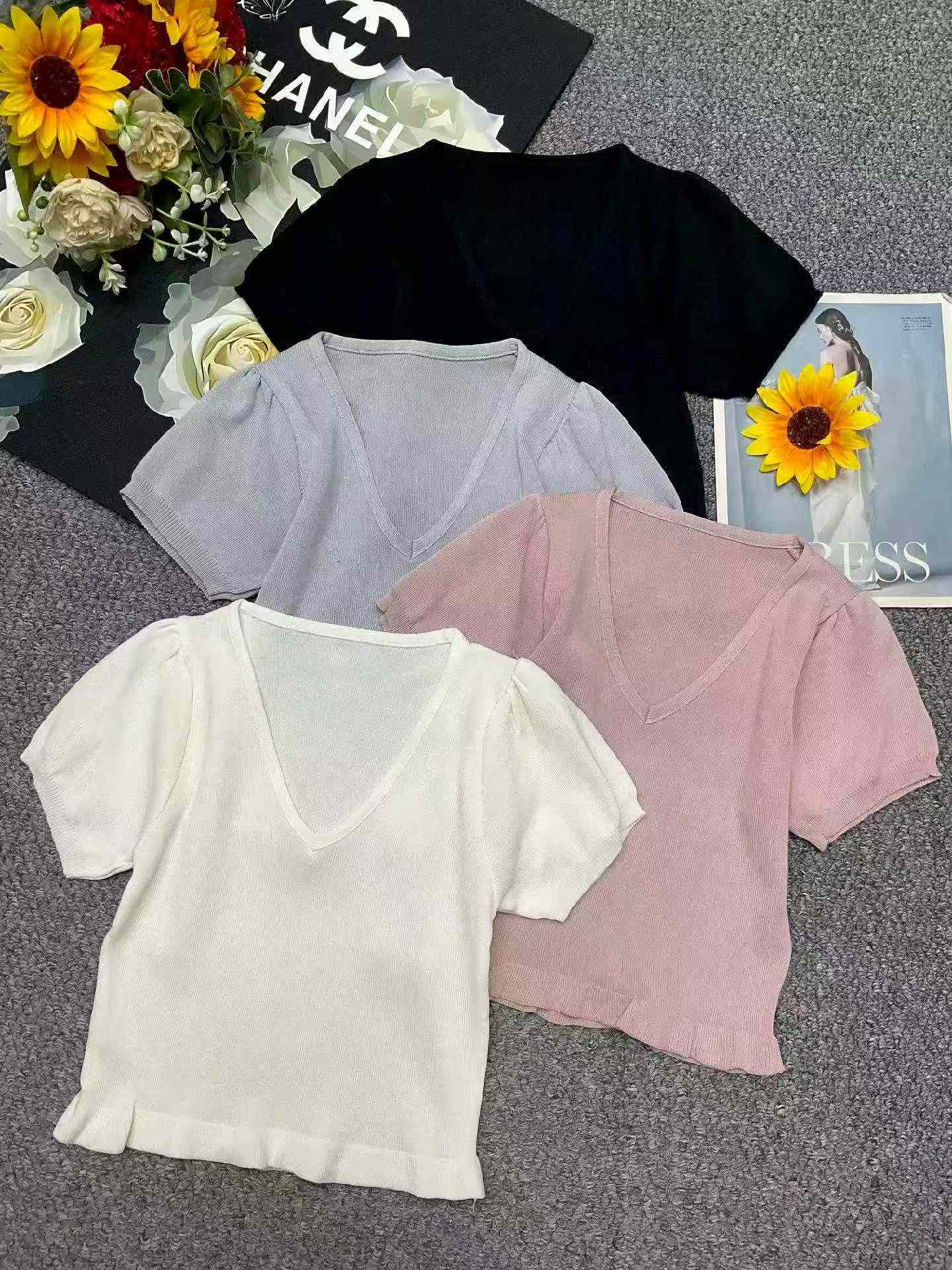 Wholesale Lot of 745 Summer Viscose V-Neck Ruffle Trim Knit Tops, Soft & Stretchy, Individually Packaged - Image 1