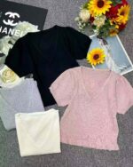 Wholesale Lot of 745 Summer Viscose V-Neck Ruffle Trim Knit Tops, Soft & Stretchy, Individually Packaged - Image 9