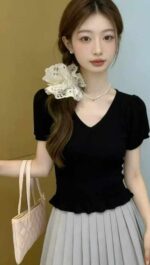 Wholesale Lot of 745 Summer Viscose V-Neck Ruffle Trim Knit Tops, Soft & Stretchy, Individually Packaged - Image 7