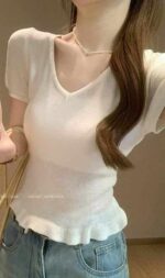 Wholesale Lot of 745 Summer Viscose V-Neck Ruffle Trim Knit Tops, Soft & Stretchy, Individually Packaged - Image 5