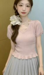 Wholesale Lot of 745 Summer Viscose V-Neck Ruffle Trim Knit Tops, Soft & Stretchy, Individually Packaged - Image 4