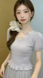 Wholesale Lot of 745 Summer Viscose V-Neck Ruffle Trim Knit Tops, Soft & Stretchy, Individually Packaged - Image 3