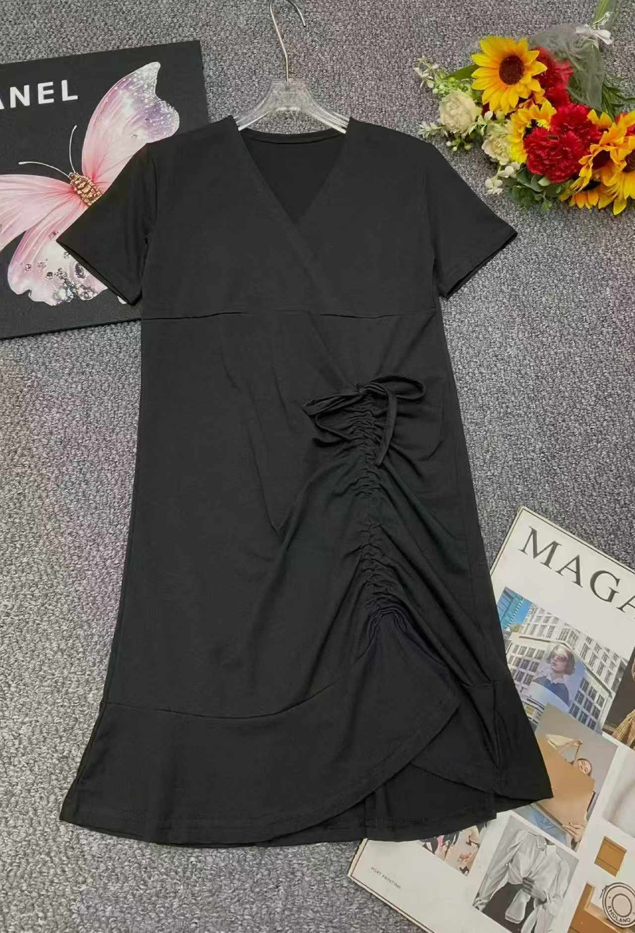 Summer New Stock Lot: 560 Pcs Audrey Hepburn Style V-Neck Ruffle Black Dresses, Sizes 1-4, Individually Packed - Image 1