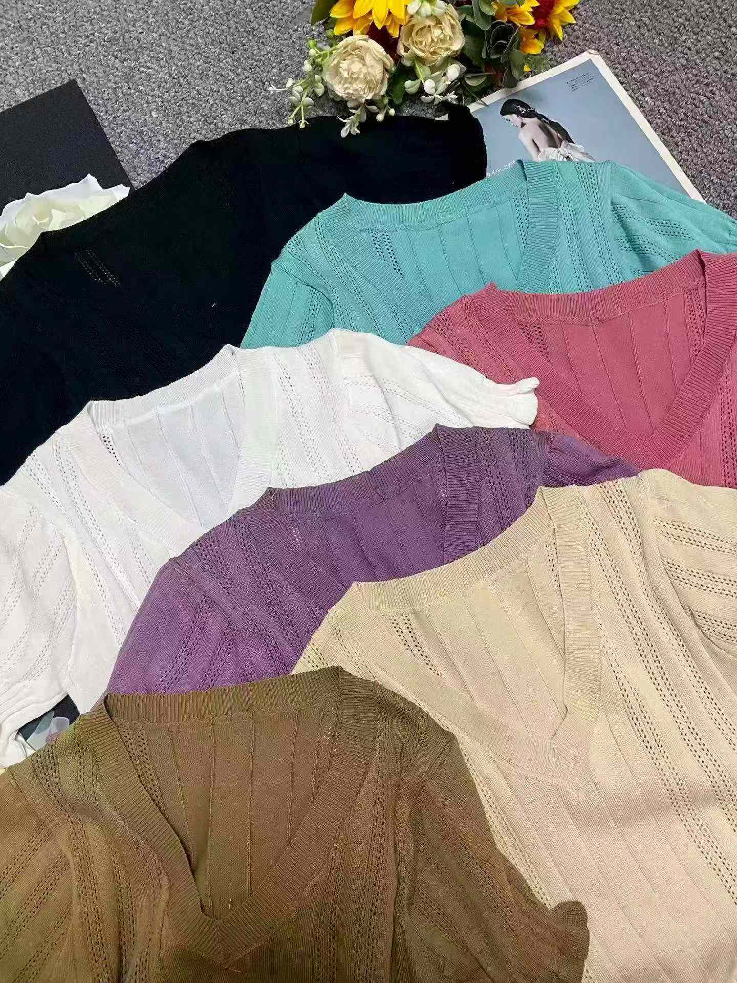 Clothing Stock Lots: 3560 Pcs Summer V-Neck Lace Trim Knit Tops, Flowy Fabric, High Waist, S-XXL - Image 2