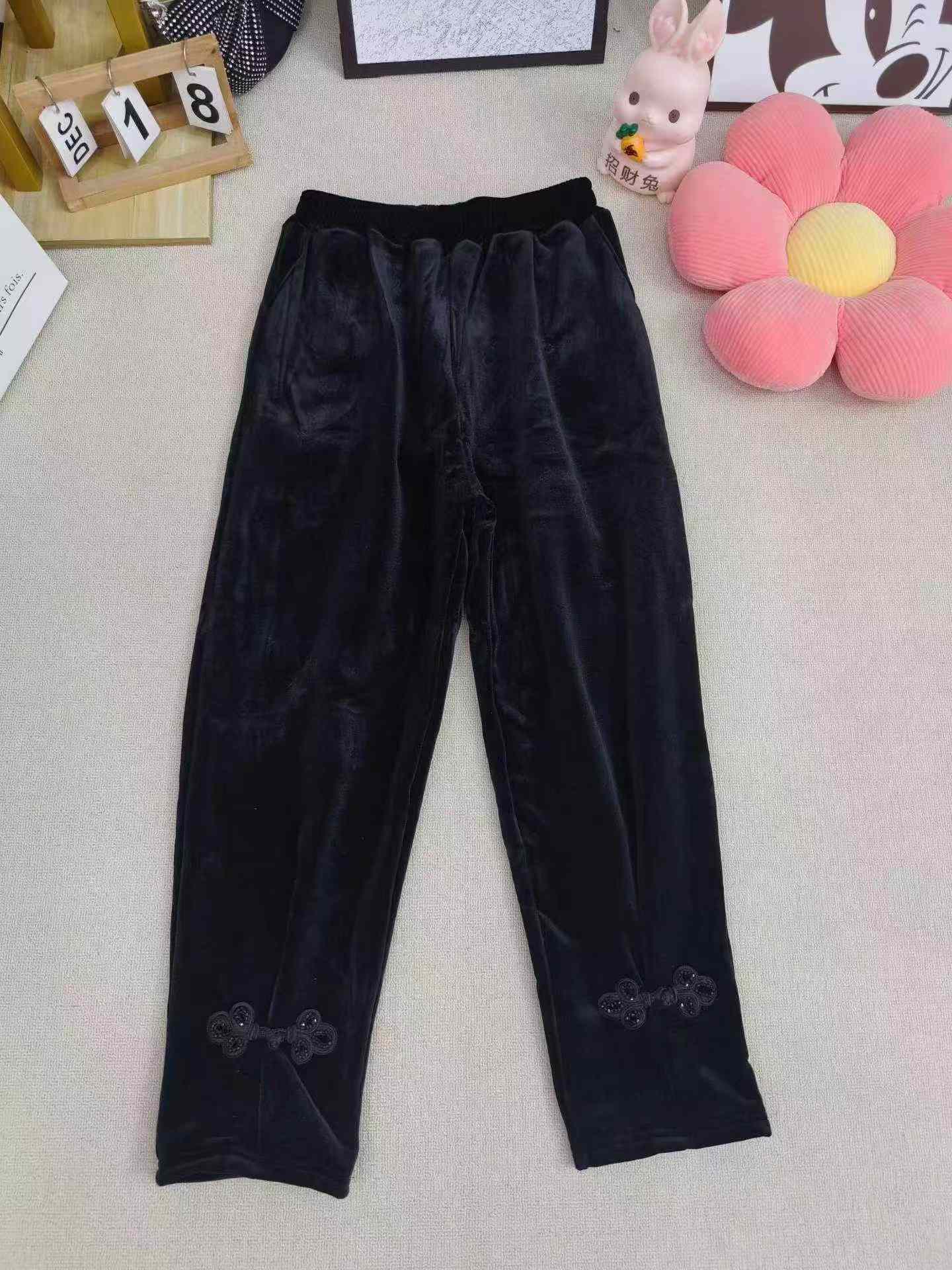 Wholesale Lot of 200 Women's Velvet Pants - Elastic Waist, Side Pockets, Cuff Button Design (With & Without Fleece Lining) - Image 1