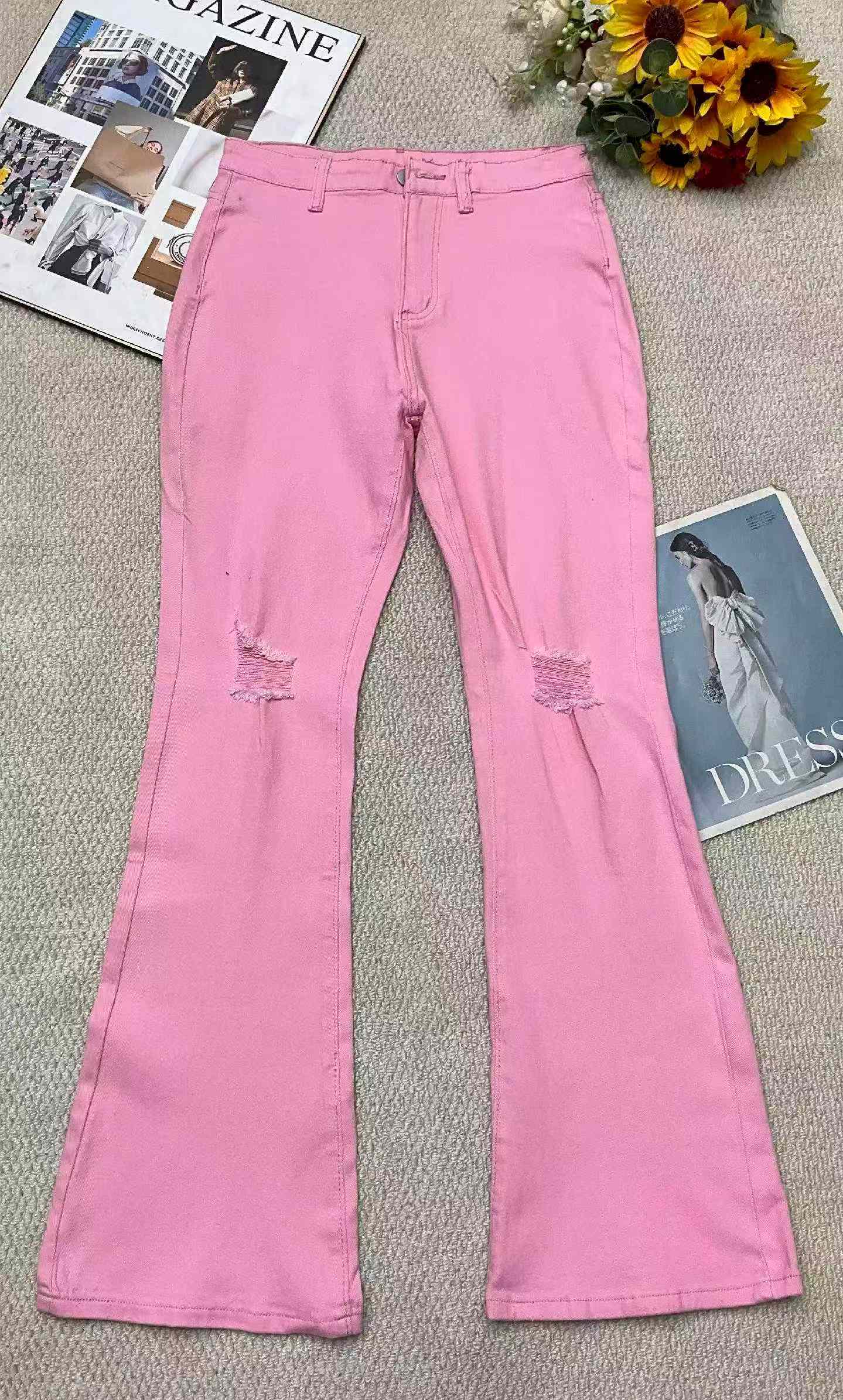 Wholesale Stock Lot: 130pcs Branded American Style High-Elasticity Washed Cotton Distressed Flared Jeans, Size 27-32, Individual Packing - Image 1