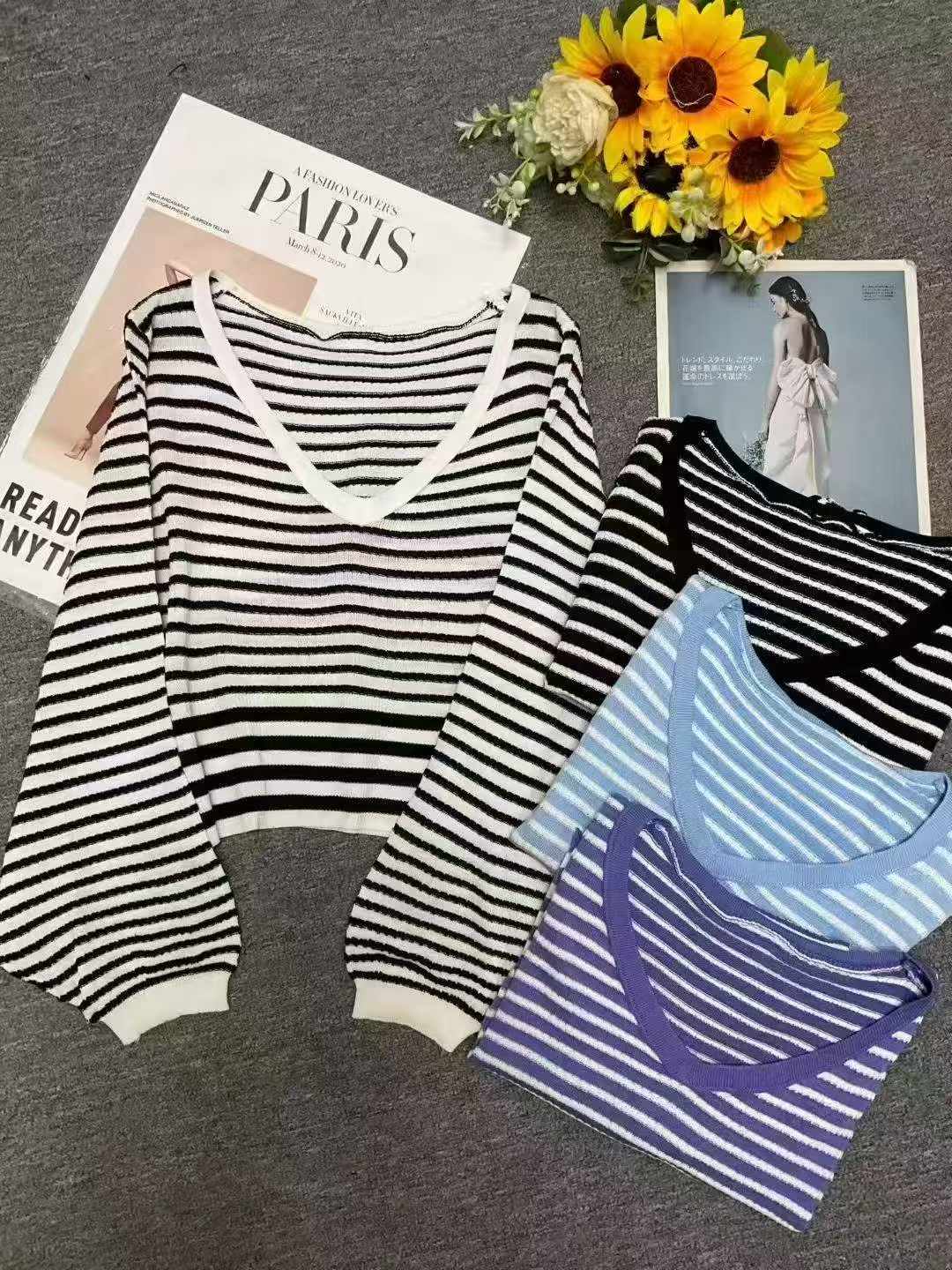 Wholesale Stock Lot of 130 pcs Autumn V-Neck Striped Knit Sweaters - Black & White, Oversized Fit, Soft Fabric, Individually Packed - Image 1