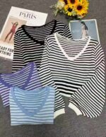 Wholesale Stock Lot of 130 pcs Autumn V-Neck Striped Knit Sweaters - Black & White, Oversized Fit, Soft Fabric, Individually Packed - Image 9