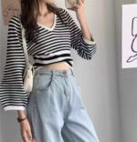 Wholesale Stock Lot of 130 pcs Autumn V-Neck Striped Knit Sweaters - Black & White, Oversized Fit, Soft Fabric, Individually Packed - Image 8