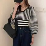 Wholesale Stock Lot of 130 pcs Autumn V-Neck Striped Knit Sweaters - Black & White, Oversized Fit, Soft Fabric, Individually Packed - Image 5
