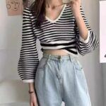 Wholesale Stock Lot of 130 pcs Autumn V-Neck Striped Knit Sweaters - Black & White, Oversized Fit, Soft Fabric, Individually Packed - Image 2