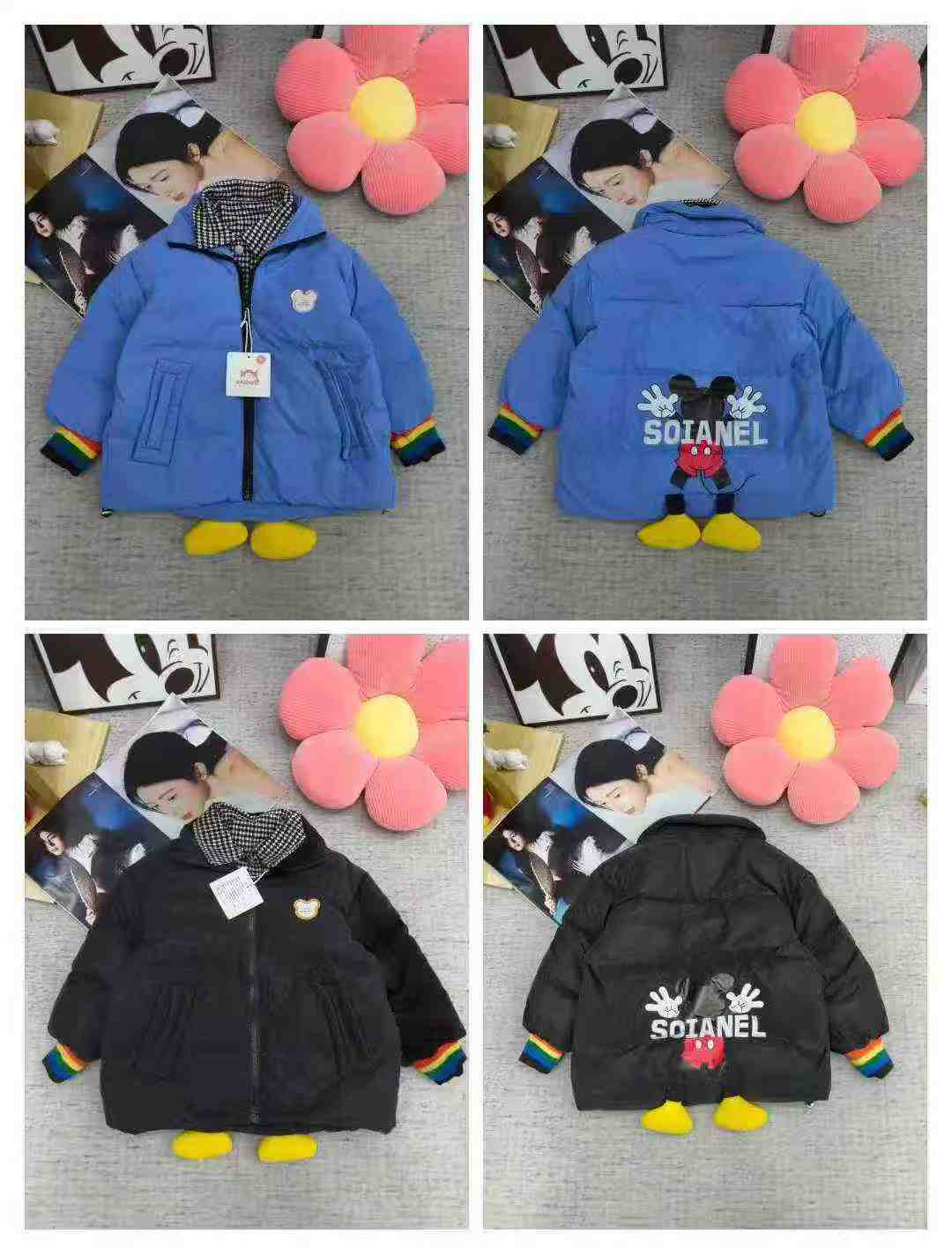 Wholesale Kids Down Jackets - 1000pcs Stock Lot, Two-Tone Fake Two-Piece Design, Rainbow Sleeves, Independent Packing with Tags - Image 1