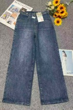 Spring New Trendy Retro Washed Cotton Adjustable Straight Wide Leg Jeans, Sizes XS-L, About 220 Pieces Bulk Wholesale Stock - Image 1