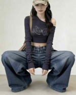 Spring New Trendy Retro Washed Cotton Adjustable Straight Wide Leg Jeans, Sizes XS-L, About 220 Pieces Bulk Wholesale Stock - Image 7