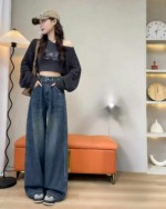 Spring New Trendy Retro Washed Cotton Adjustable Straight Wide Leg Jeans, Sizes XS-L, About 220 Pieces Bulk Wholesale Stock - Image 5