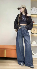 Spring New Trendy Retro Washed Cotton Adjustable Straight Wide Leg Jeans, Sizes XS-L, About 220 Pieces Bulk Wholesale Stock - Image 4