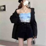 153 Pcs Women's American Sweet Spicy Style Black Denim Shorts Summer Frayed Tie A-line Hot Pants Sizes M-L - Image 1