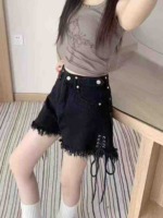153 Pcs Women's American Sweet Spicy Style Black Denim Shorts Summer Frayed Tie A-line Hot Pants Sizes M-L - Image 7