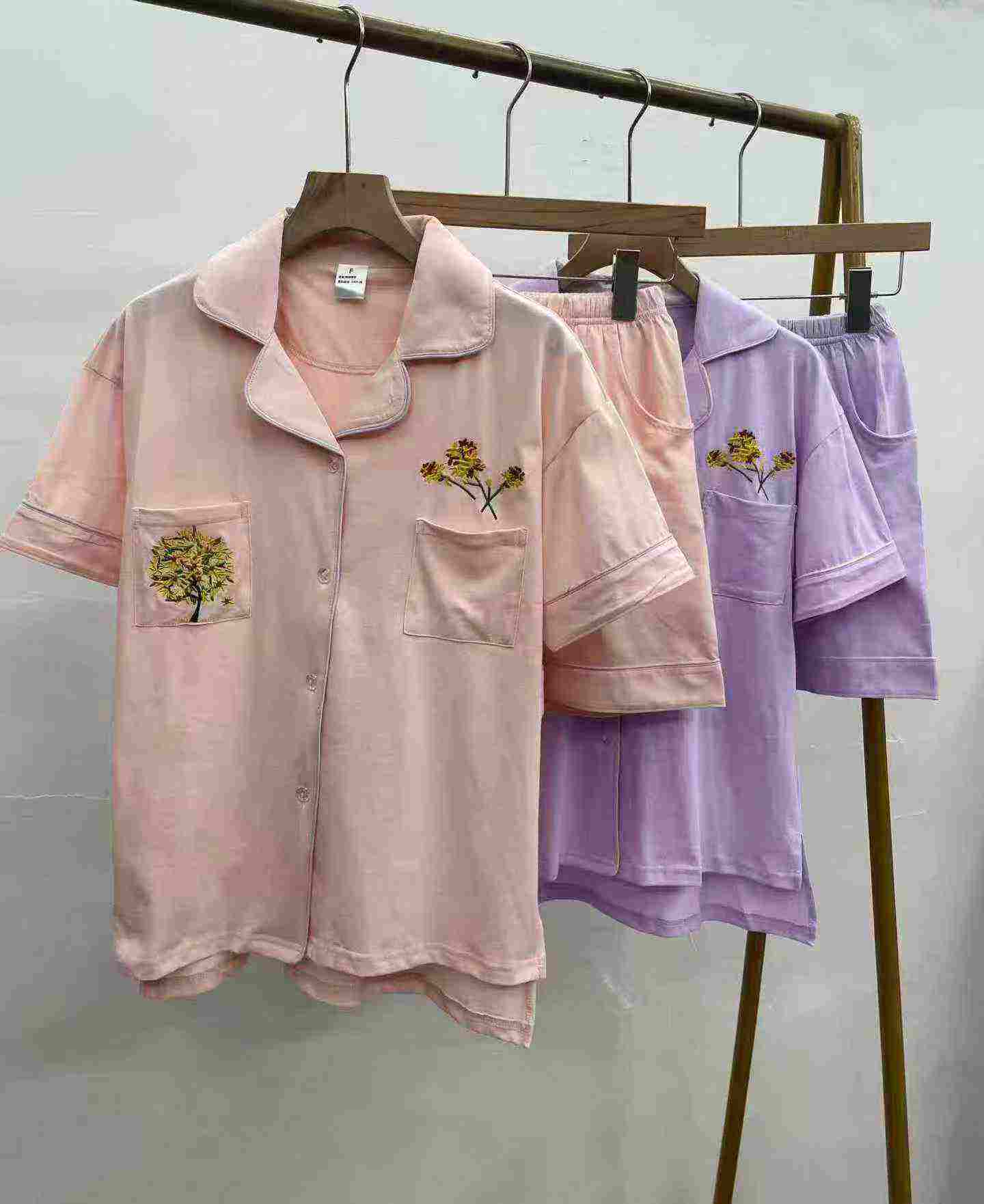 400 Sets Cotton Embroidered Asymmetrical Top Casual Loungewear Sets, 2 Colors, One Size Fits Up To 110lbs - Image 1