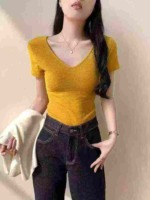 Clearance Bulk Stock 1240 Pcs Korean Style Textured V-Neck Regular Shoulder T-Shirts, Size 135 Individual Packing, More Yellow - Image 2