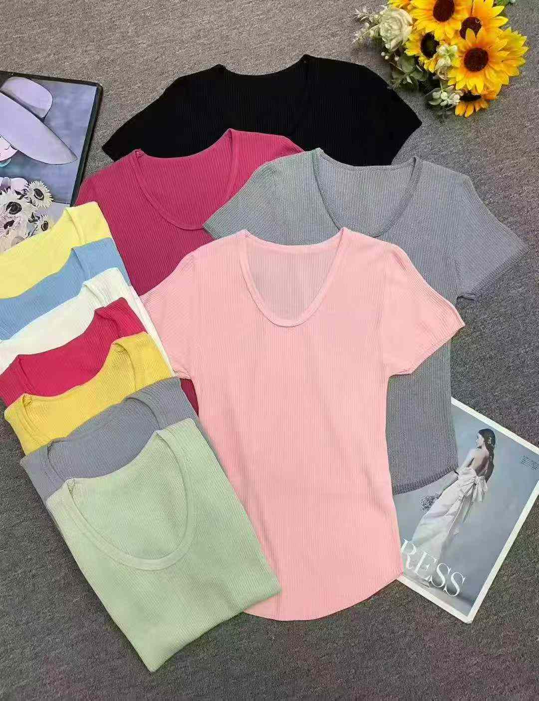 Summer New Plain Simple Ice Silk Knit Short Sleeve T-Shirts, Approx 2000 Pieces Bulk Clearance Stock - Image 1