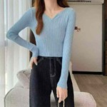 Spring New Retro Gentle French V-neck Ribbed Core Spun Yarn Pullover Sweater 700PCS Multiple Colors Bulk Wholesale - Image 8