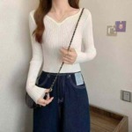 Spring New Retro Gentle French V-neck Ribbed Core Spun Yarn Pullover Sweater 700PCS Multiple Colors Bulk Wholesale - Image 6
