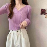 Spring New Retro Gentle French V-neck Ribbed Core Spun Yarn Pullover Sweater 700PCS Multiple Colors Bulk Wholesale - Image 4