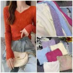 Spring New Retro Gentle French V-neck Ribbed Core Spun Yarn Pullover Sweater 700PCS Multiple Colors Bulk Wholesale - Image 2