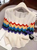 Summer New Rainbow Striped Hollow Out Ice Silk Loose Cropped Short Sleeve Knit Tops - 380 Pieces Bulk Wholesale - Image 1