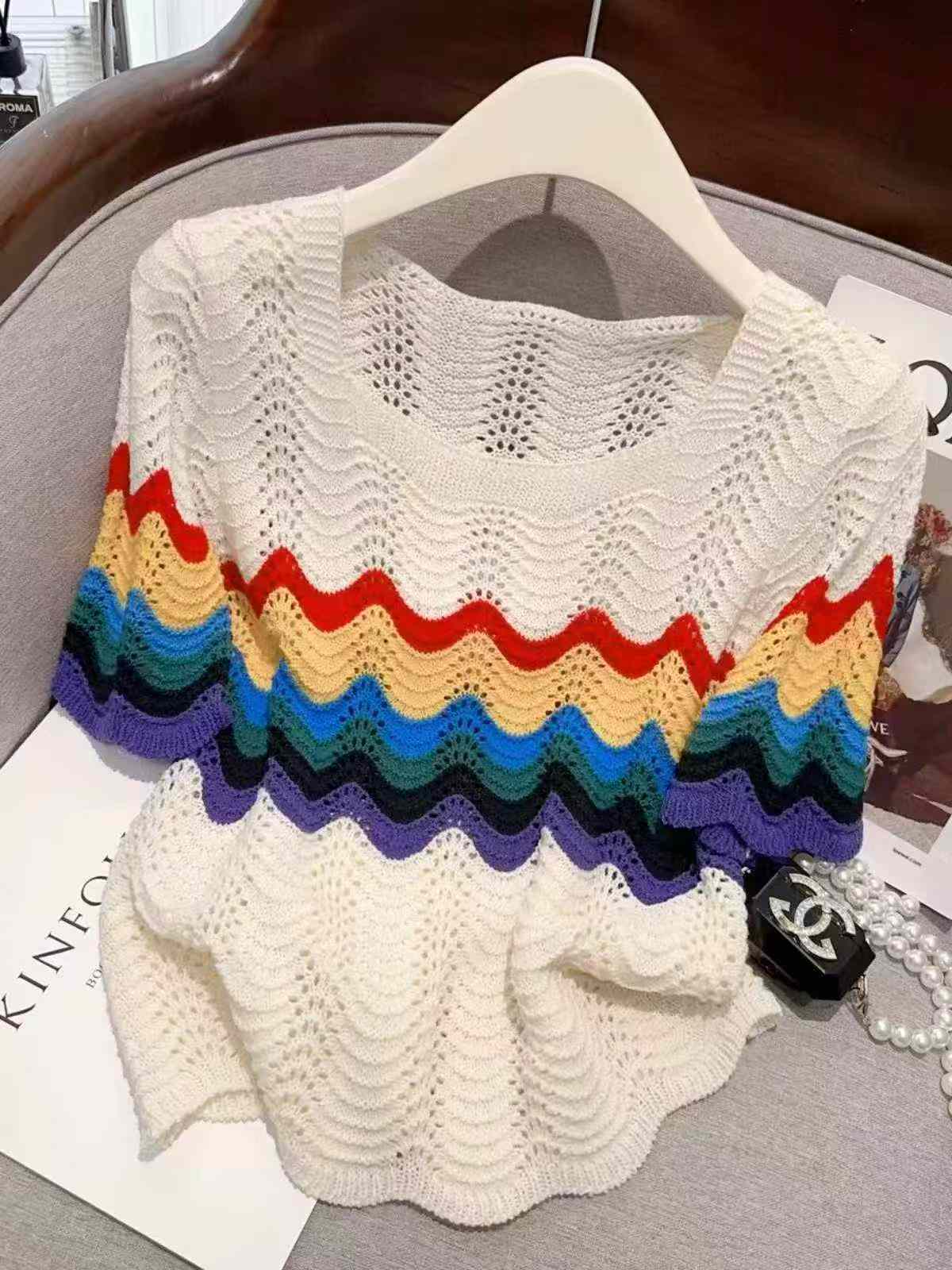 Summer New Rainbow Striped Hollow Out Ice Silk Loose Cropped Short Sleeve Knit Tops - 380 Pieces Bulk Wholesale - Image 1