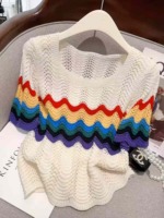 Summer New Rainbow Striped Hollow Out Ice Silk Loose Cropped Short Sleeve Knit Tops - 380 Pieces Bulk Wholesale - Image 9