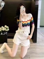 Summer New Rainbow Striped Hollow Out Ice Silk Loose Cropped Short Sleeve Knit Tops - 380 Pieces Bulk Wholesale - Image 6