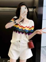 Summer New Rainbow Striped Hollow Out Ice Silk Loose Cropped Short Sleeve Knit Tops - 380 Pieces Bulk Wholesale - Image 5