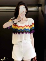 Summer New Rainbow Striped Hollow Out Ice Silk Loose Cropped Short Sleeve Knit Tops - 380 Pieces Bulk Wholesale - Image 4