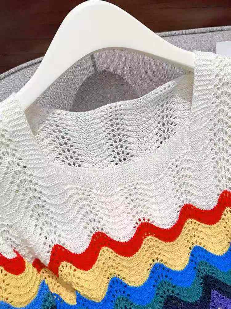 Summer New Rainbow Striped Hollow Out Ice Silk Loose Cropped Short Sleeve Knit Tops - 380 Pieces Bulk Wholesale - Image 2