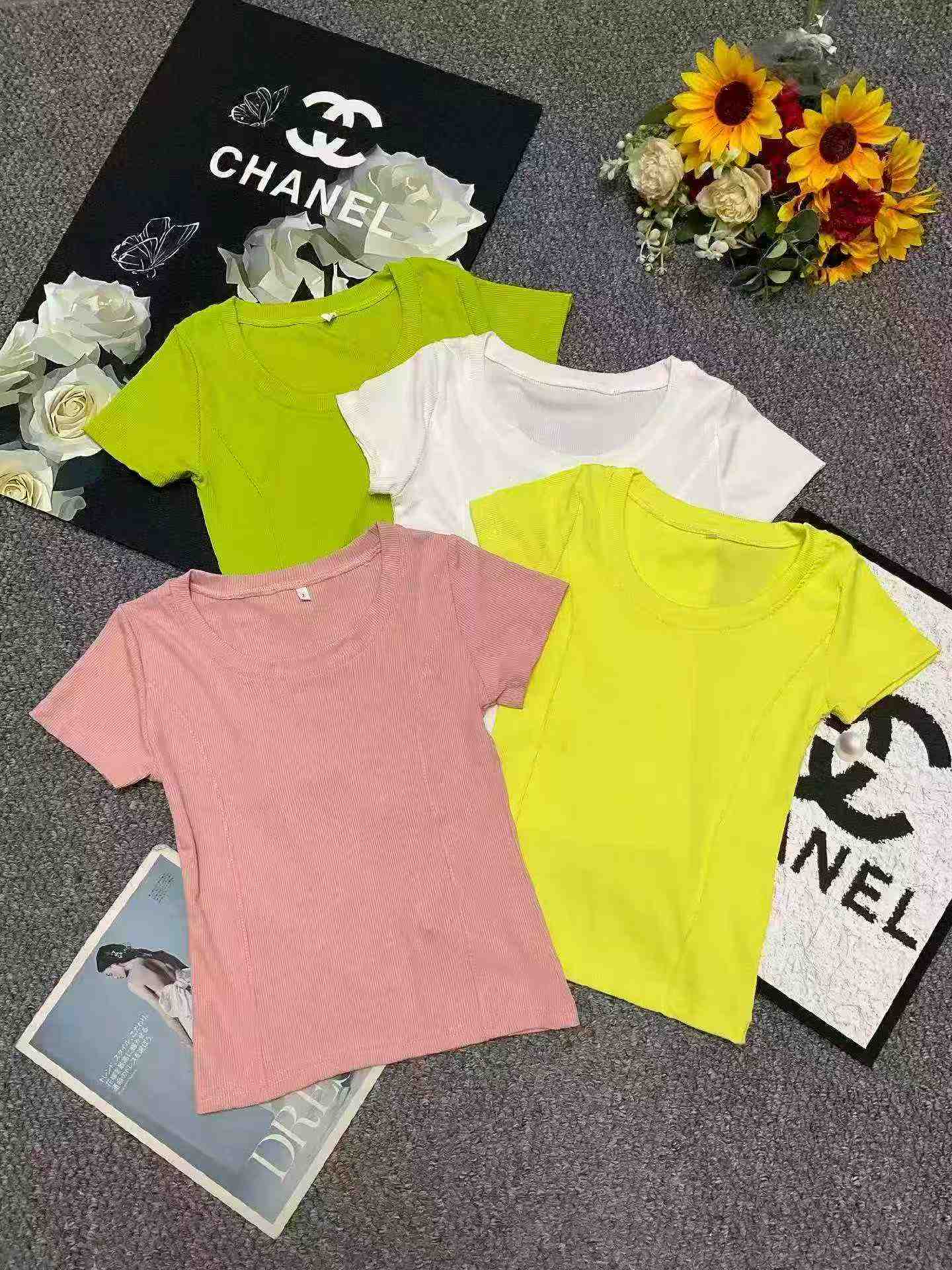 Summer New Trendy Fitted Fishbone U-Neck Stretch Short Sleeve T-Shirts, 2 Styles Multiple Colors S-L, Approx 1408 Pcs Bulk Wholesale Stock - Image 1