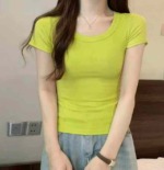 Summer New Trendy Fitted Fishbone U-Neck Stretch Short Sleeve T-Shirts, 2 Styles Multiple Colors S-L, Approx 1408 Pcs Bulk Wholesale Stock - Image 4