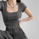 Summer New Trendy Fitted Fishbone U-Neck Stretch Short Sleeve T-Shirts, 2 Styles Multiple Colors S-L, Approx 1408 Pcs Bulk Wholesale Stock - Image 3