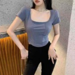 Summer New Trendy Fitted Fishbone U-Neck Stretch Short Sleeve T-Shirts, 2 Styles Multiple Colors S-L, Approx 1408 Pcs Bulk Wholesale Stock - Image 2