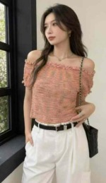 1400 PCS Summer Space Dyed Color Yarn Ruffled Sexy Knit Short Sleeve T-Shirts Bulk Clearance Wholesale - Image 3