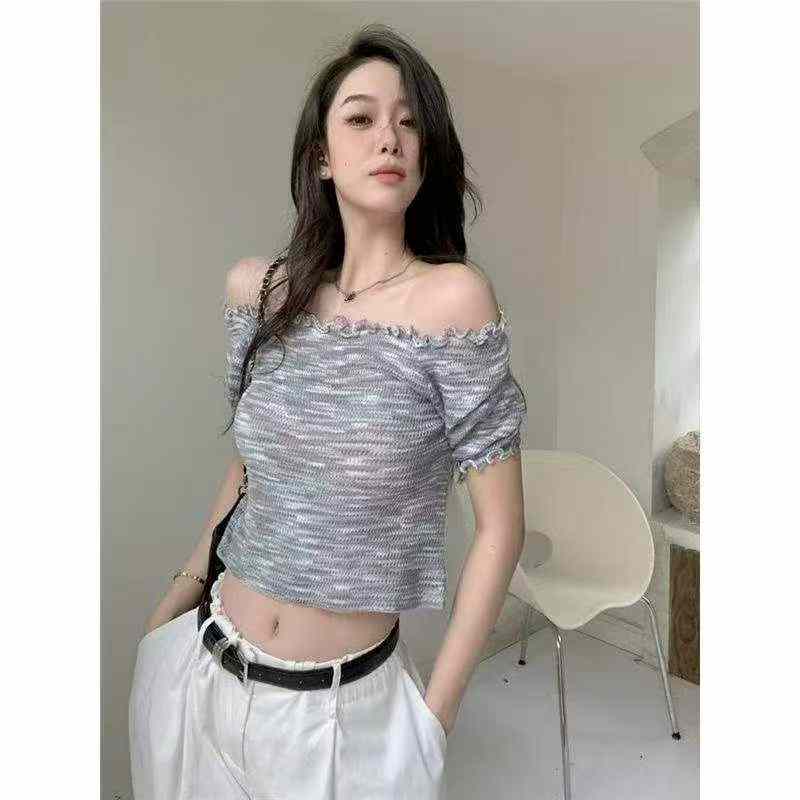 1400 PCS Summer Space Dyed Color Yarn Ruffled Sexy Knit Short Sleeve T-Shirts Bulk Clearance Wholesale - Image 2