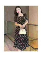260 Pcs French Style Square Neck Short Sleeve Slim Waist Long Floral Black Women Dresses Summer Stock Clearance - Image 1