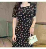 260 Pcs French Style Square Neck Short Sleeve Slim Waist Long Floral Black Women Dresses Summer Stock Clearance - Image 9